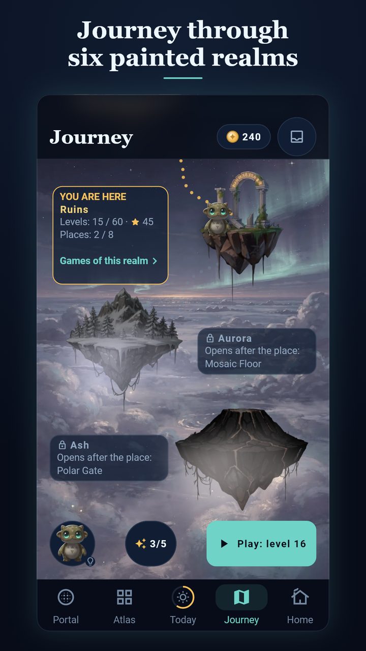 Journey: a painted map of the realms with the road of levels